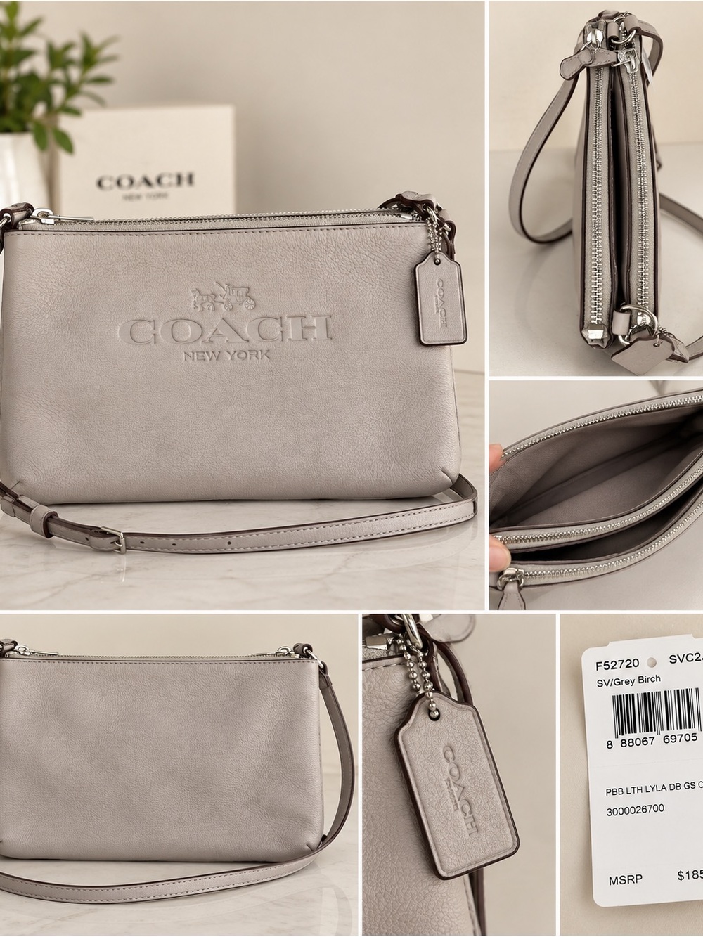 Coach Grey Birch Pebble Leather Double-Zip Crossbody